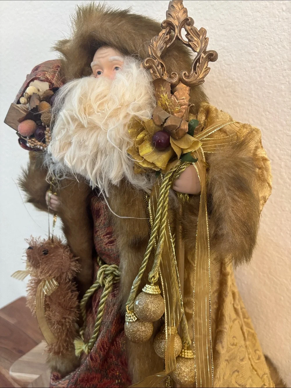 Vintage-Inspired golden color Fur Santa Figurine Holiday Decor
